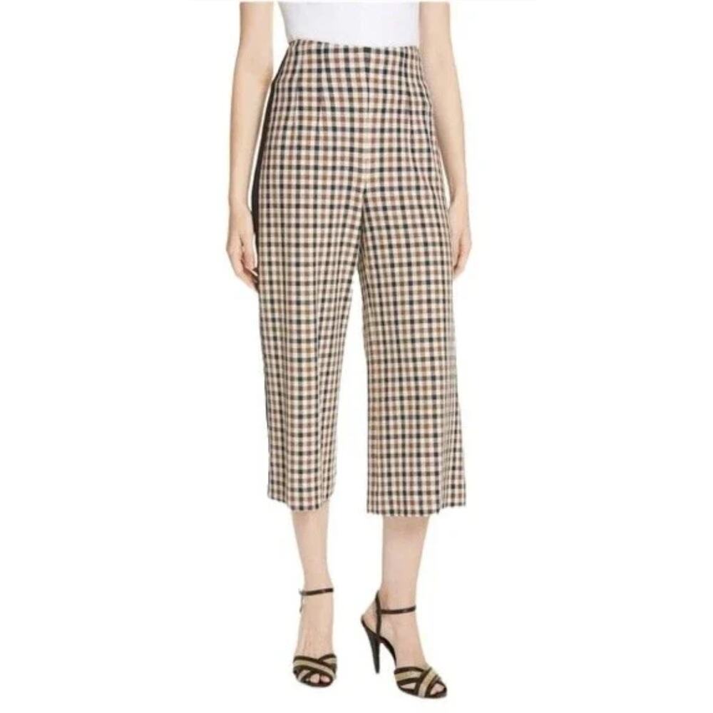 Veronica Beard Tan & Black Plaid Cropped Wide Leg Pants